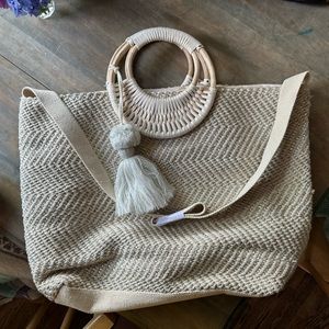 BIRCH LUREX DURRIE TOTE-CANE HANDLE HAND WOVEN LARGE WHITE TOTE